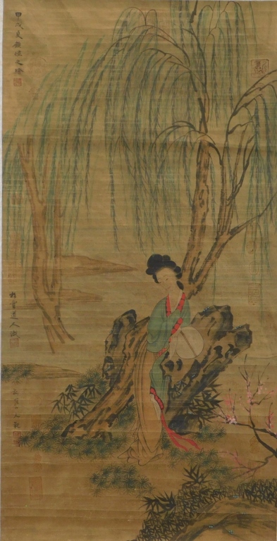 Appraisal: EARLY CHINESE WOMAN TREE LANDSCAPE SCROLL PAINTING China Ming-Early Qing