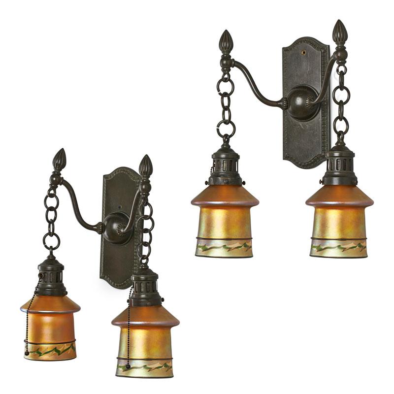 Appraisal: STEUBEN HANDEL Pair of sconces intarsia shades STEUBEN HANDEL Pair