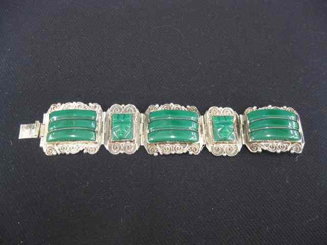 Appraisal: Green Onyx Sterling Silver Bracelet Aztec style vintage Mexican designer