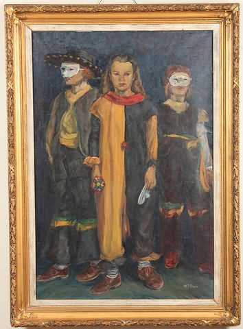 Appraisal: Three children as masqueraders oil on canvas x SLR W