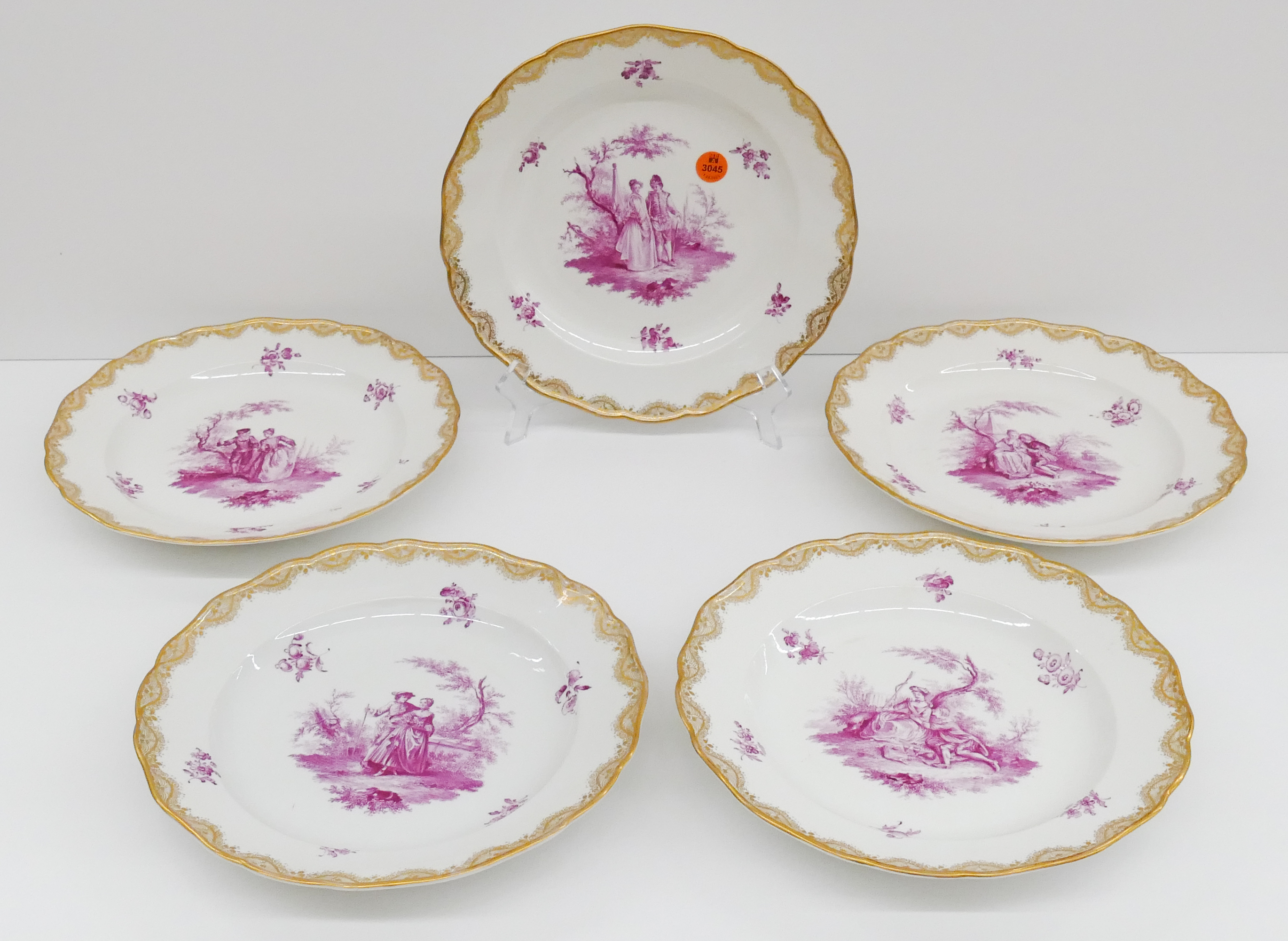 Appraisal: pc Meissen Pink Courting Scene Porcelain Plates th Century Ornate