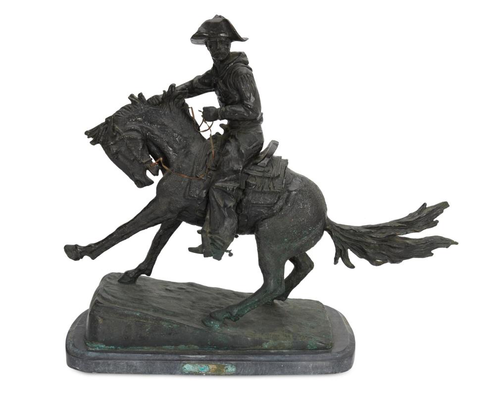 Appraisal: AFTER FREDERIC REMINGTON - COWBOY RIDING ON HORSEBACK PATINATED BRONZE