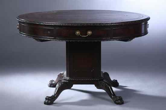 Appraisal: WILLIAM IV MAHOGANY DRUM-FORM CENTER TABLE circa Round inset tooled