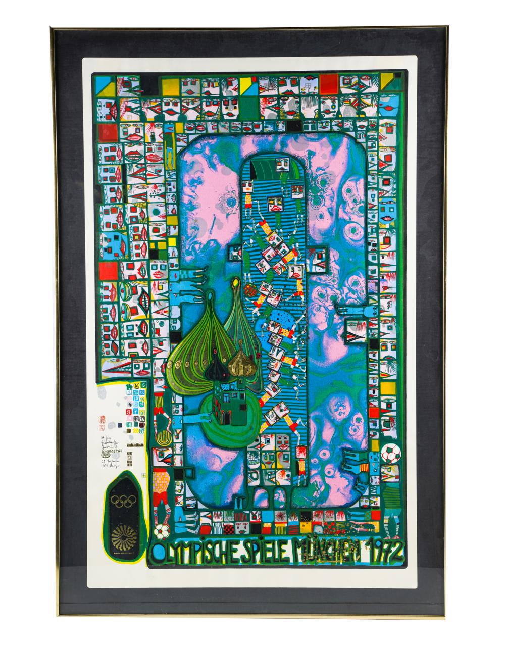 Appraisal: FRIEDENSREICH HUNDERTWASSER OLYMPISCHESPIELE MUNICH colored serigraph numbered x inches Condition