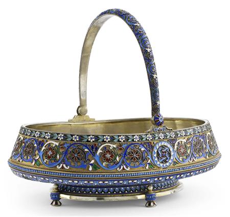 Appraisal: A Russian silver-gilt and cloisonn enamel swing-handle cake basket Ivan