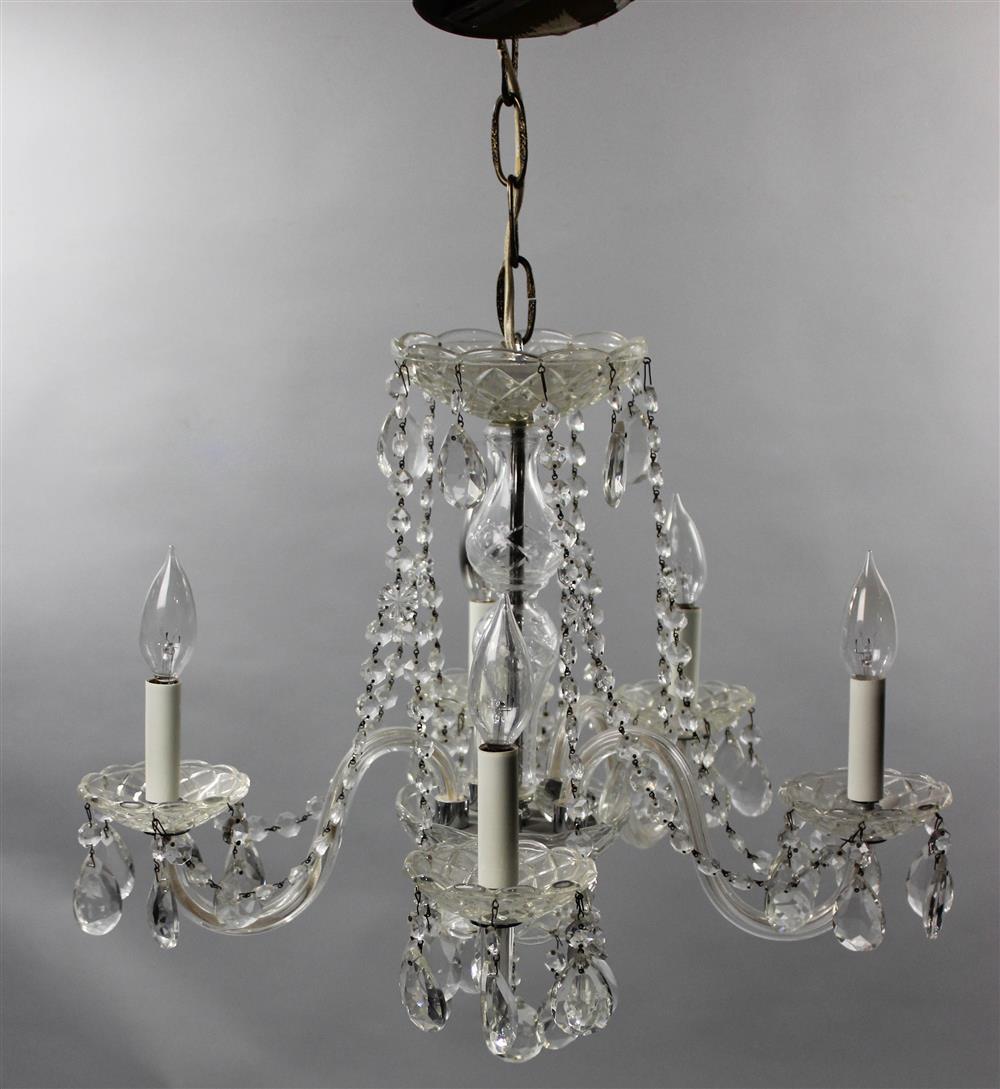 Appraisal: GEORGE III STYLE FIVE LIGHT GLASS CHANDELIER the vase-shaped central