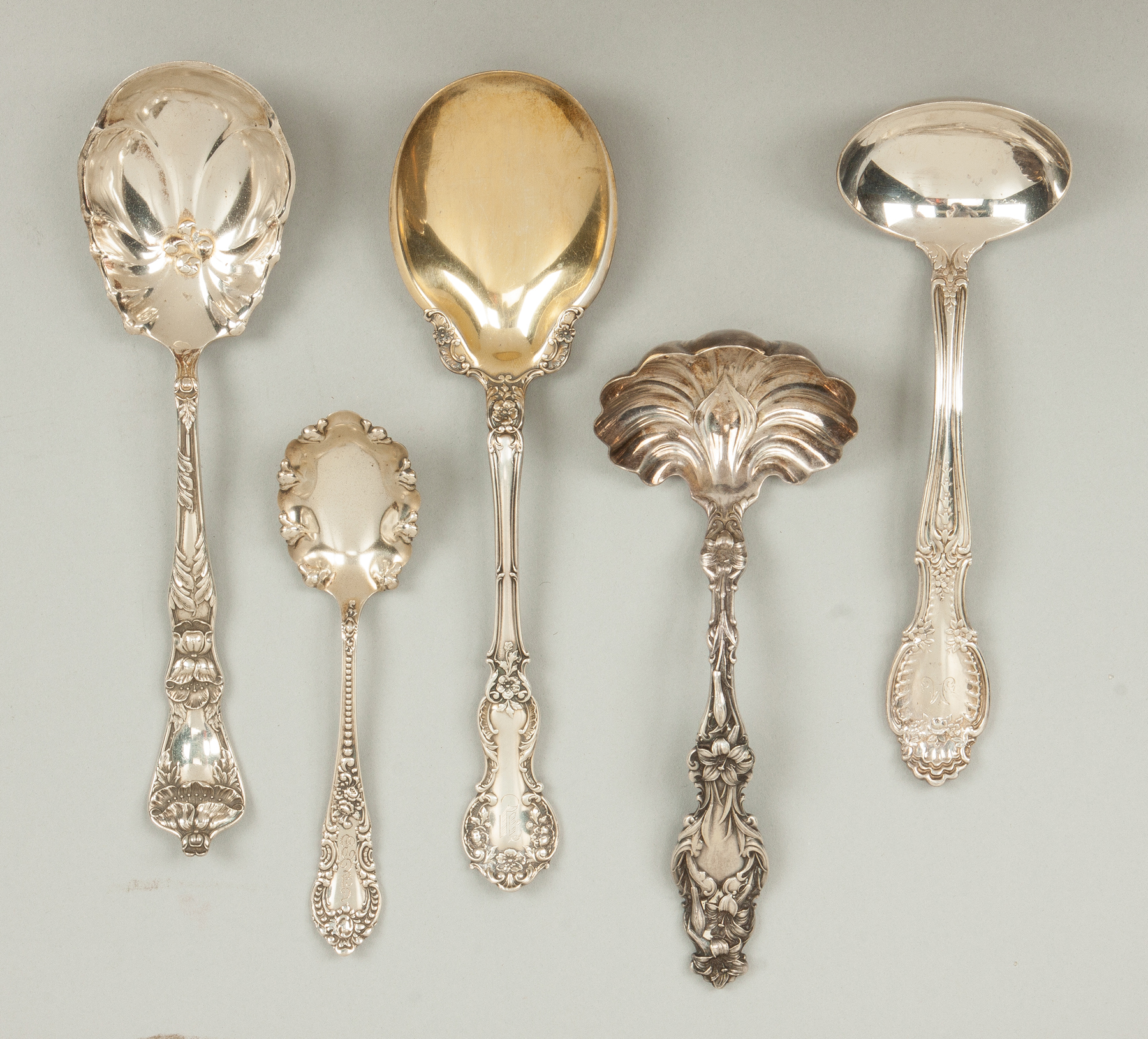 Appraisal: Five Sterling Silver Serving Spoons Ladels L to R Tiffany