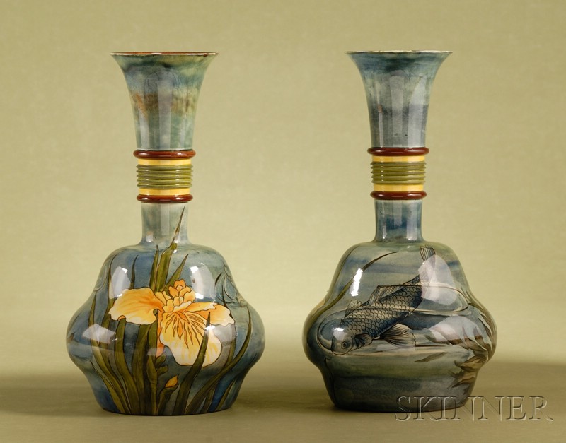 Appraisal: Pair of Doulton Lambeth Faience Glaze Pottery Mantel Vases c