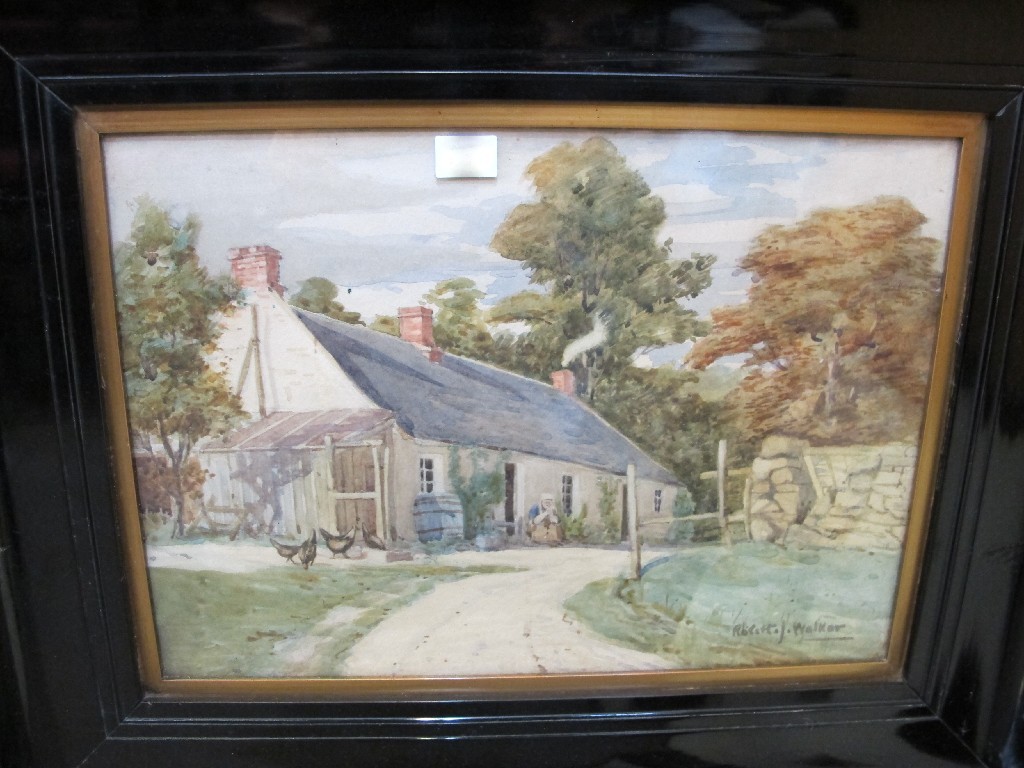 Appraisal: ROBERT J WALKER Watercolour of a cottage with chickens and