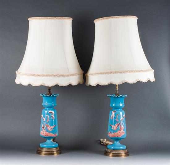 Appraisal: Pair of Victorian enameled blue bristol glass vases mounted as