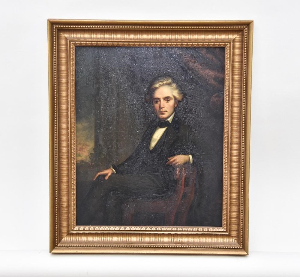 Appraisal: British American School oil on wood panel of a seated