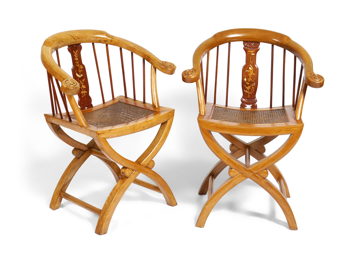 Appraisal: PAIR CARVED HORSESHOE BACK OPEN ARM CHAIRS Each with separate