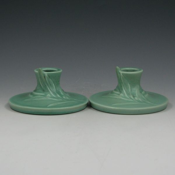 Appraisal: Pair of Roseville Crystal Green candleholders Marked Roseville Each has