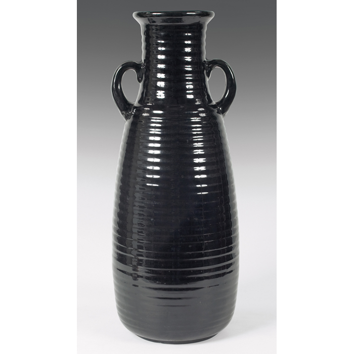 Appraisal: Monmouth Pottery floor vase large two-handled ribbed form in black