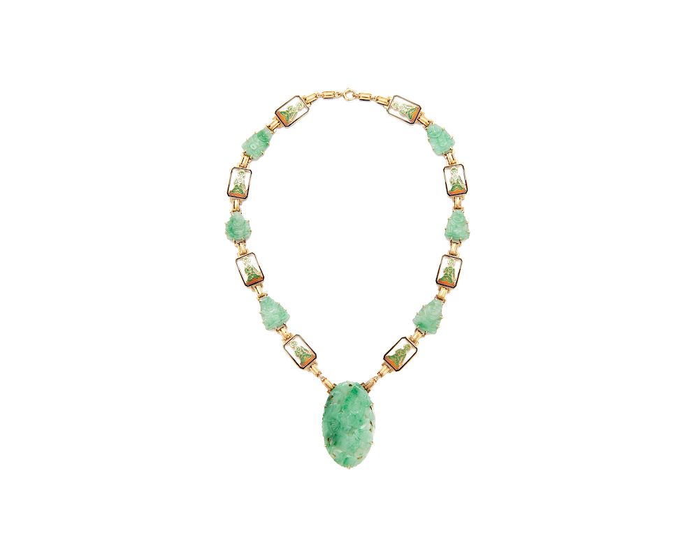 Appraisal: K Gold Carved Jadeite and Enamel Necklace K Gold Carved