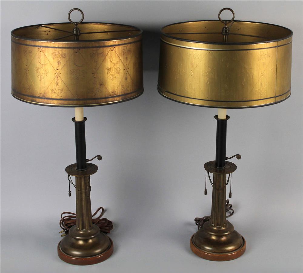 Appraisal: PAIR OF PATINATED METAL COLUMNAR TABLE LAMPS with black painted