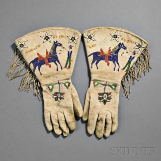 Appraisal: Shoshone Pictorial Beaded Gauntlets c depicting a cowboy and his