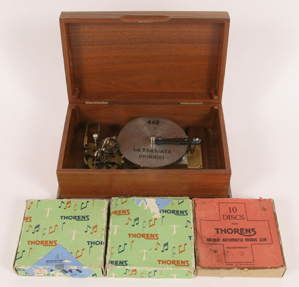 Appraisal: Thorens Swiss Automatic Disc music box wood box approx discs