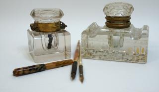 Appraisal: Antique Glass Inkwells And Pens Antique Glass Inkwells And Pens