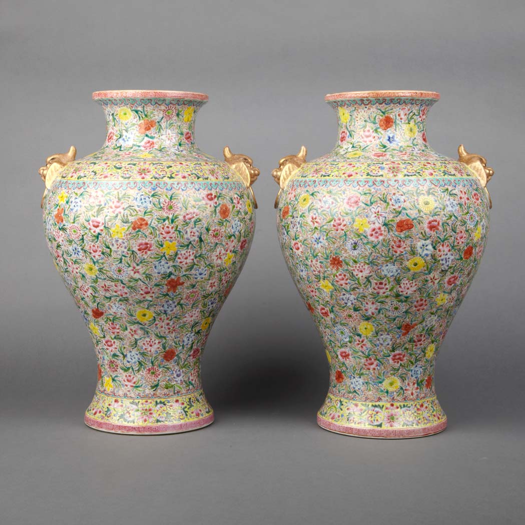 Appraisal: Pair of Chinese Famille Rose Enameled Porcelain Vases th Century