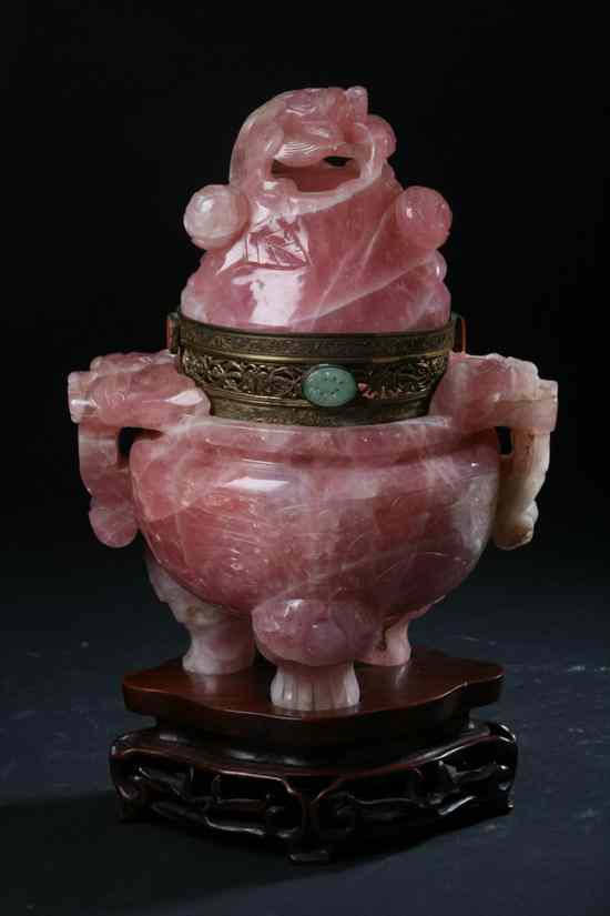 Appraisal: CHINESE ROSE QUARTZ ORMOLU MOUNTED APPLE GREEN JADE INSET CENSER