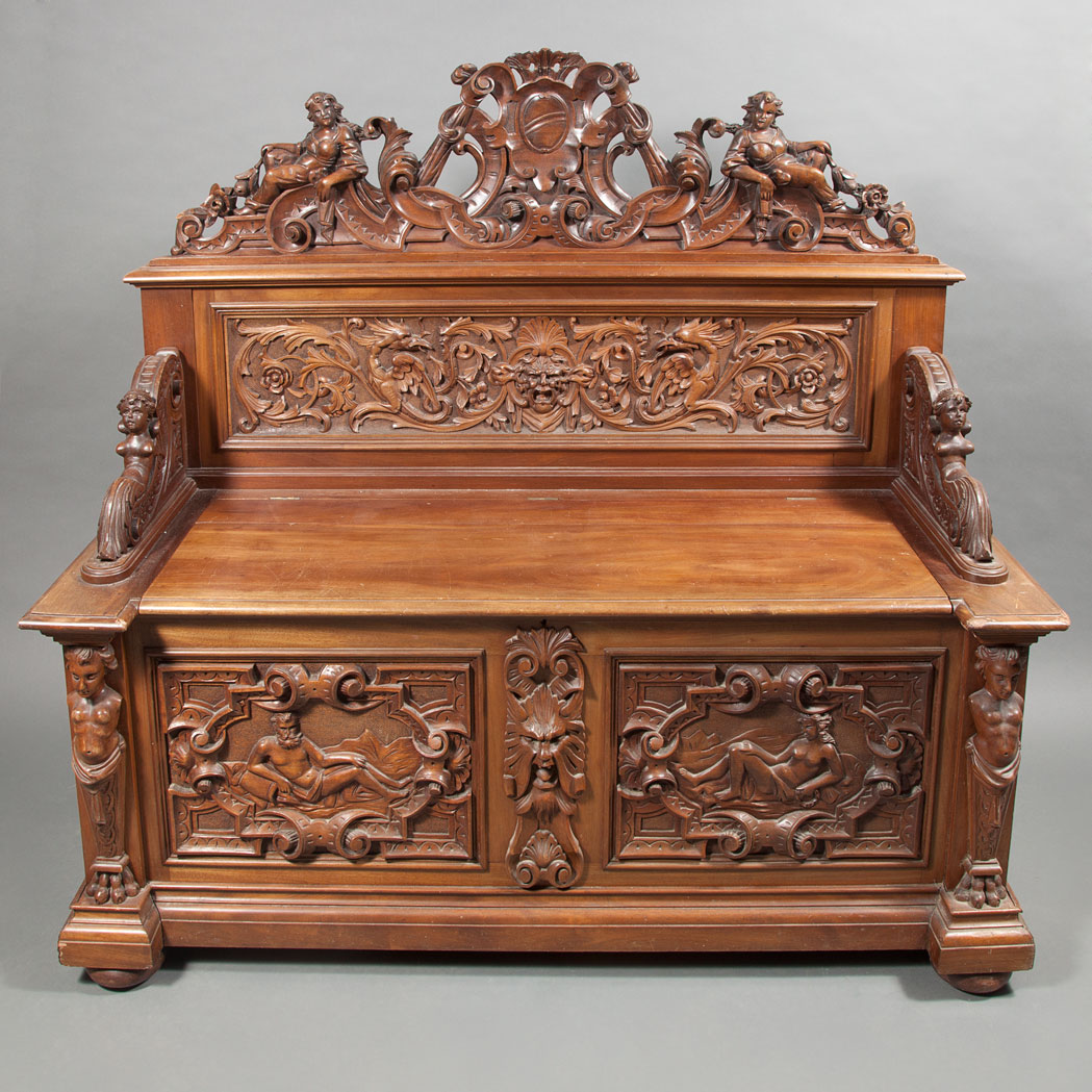 Appraisal: Renaissance Style Carved Mahogany Trousseau Hall Bench The pierced crest