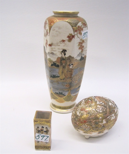 Appraisal: THREE PIECES JAPANESE SATSUMA POTTERY hand painted vase H a