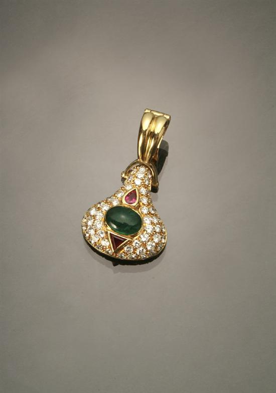 Appraisal: -Karat Yellow-Gold Diamond Ruby and Emerald Pendant Set with one