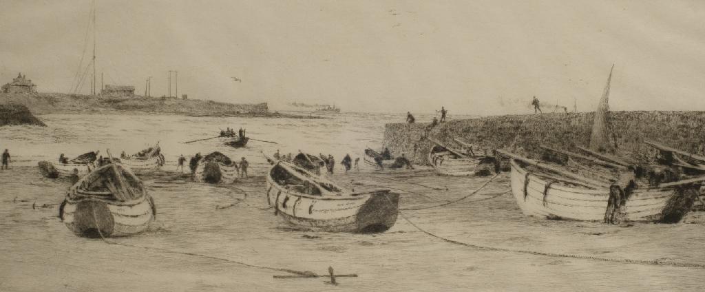 Appraisal: WILLIAM LIONEL WYLLIE - BOATS AND FISHERMEN ON THE SHORE