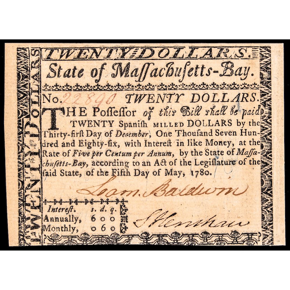 Appraisal: Colonial Currency COLONEL LOAMMI BALDWIN Signed MASS Note Famous Signers