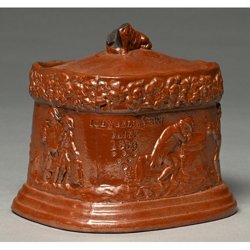 Appraisal: A Derbyshire saltglazed brown stoneware tobacco box and cover Brampton