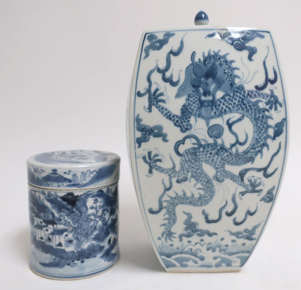 Appraisal: Chinese Porcelain Blue White Jars With covers Tall quare sided