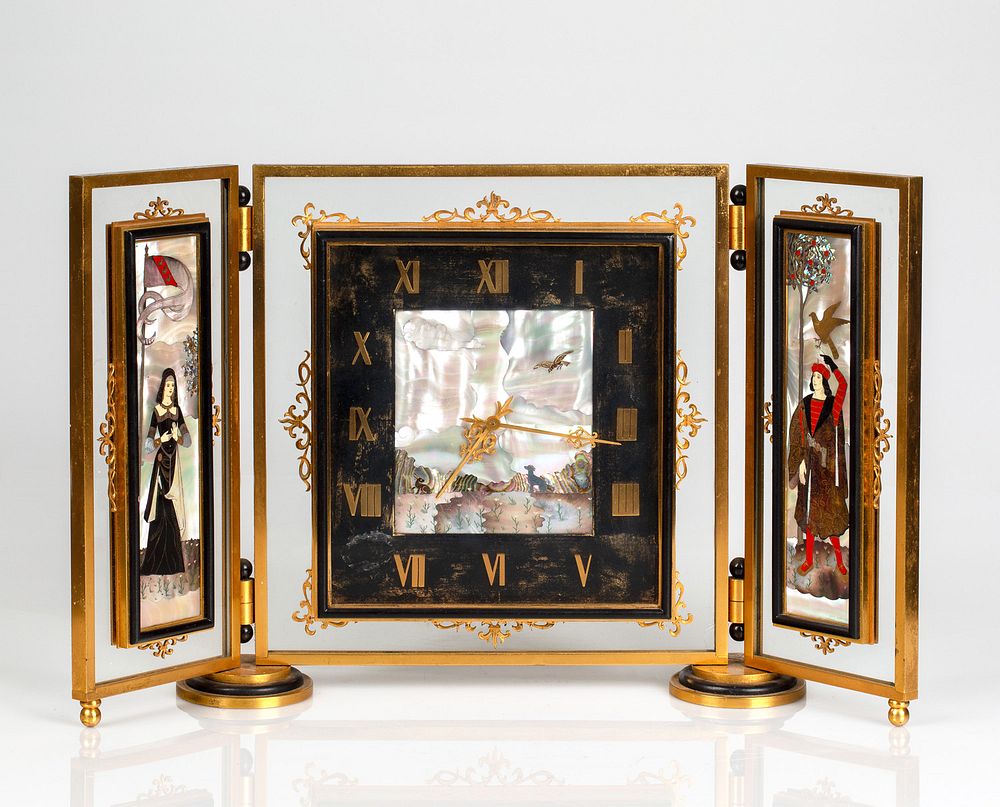 Appraisal: A FRENCH DESK CLOCK WITH MOTHER-OF-PEARL ORMOLU AND GLASS FRAME