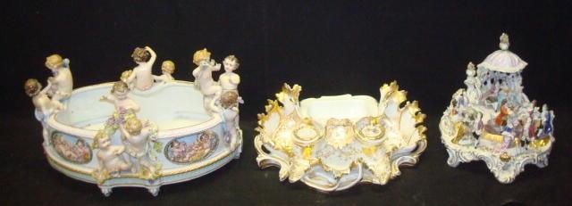 Appraisal: Pieces of Assorted Porcelains Porcelain inkwell and figural groupings As