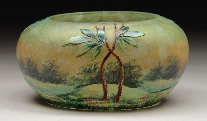 Appraisal: LAMARTINE BOWL Acid-etched and enamel spring scenic vase with colorful