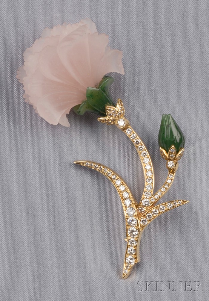 Appraisal: kt Gold Carved Rose Quartz Nephrite and Diamond Flower Brooch