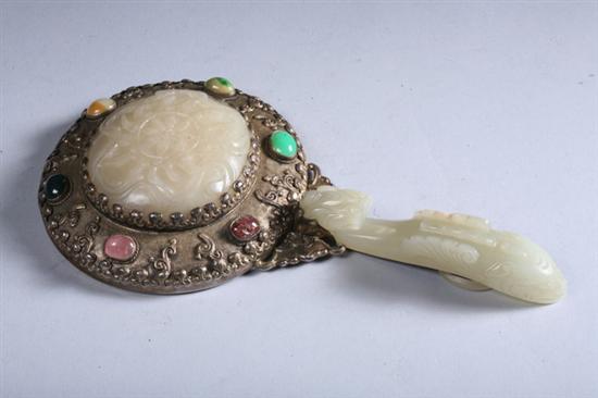 Appraisal: CHINESE JADE AND JEWELED VERMEIL MOUNTED MIRROR - in long