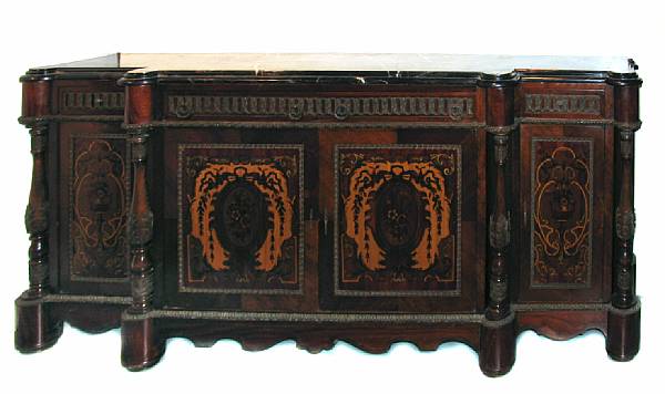 Appraisal: A Louis XVI style bronze mounted inlaid buffet with marble