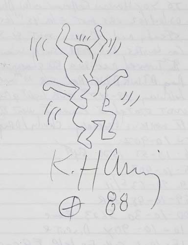 Appraisal: KEITH HARING Two Figures Pen and ink on notebook paper