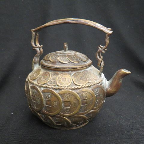 Appraisal: Chinese Brass Coin Decor Teapot signed handled