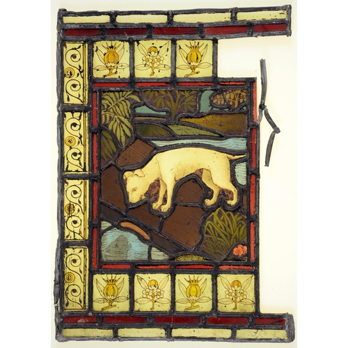 Appraisal: A Victorian stained glass window light of a dog gazing