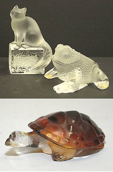 Appraisal: Three Lalique frosted and clear glass animals Comprising cat 'Dendourette'