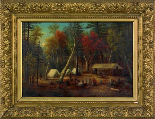 Appraisal: American oil on canvas encampment scene th c x