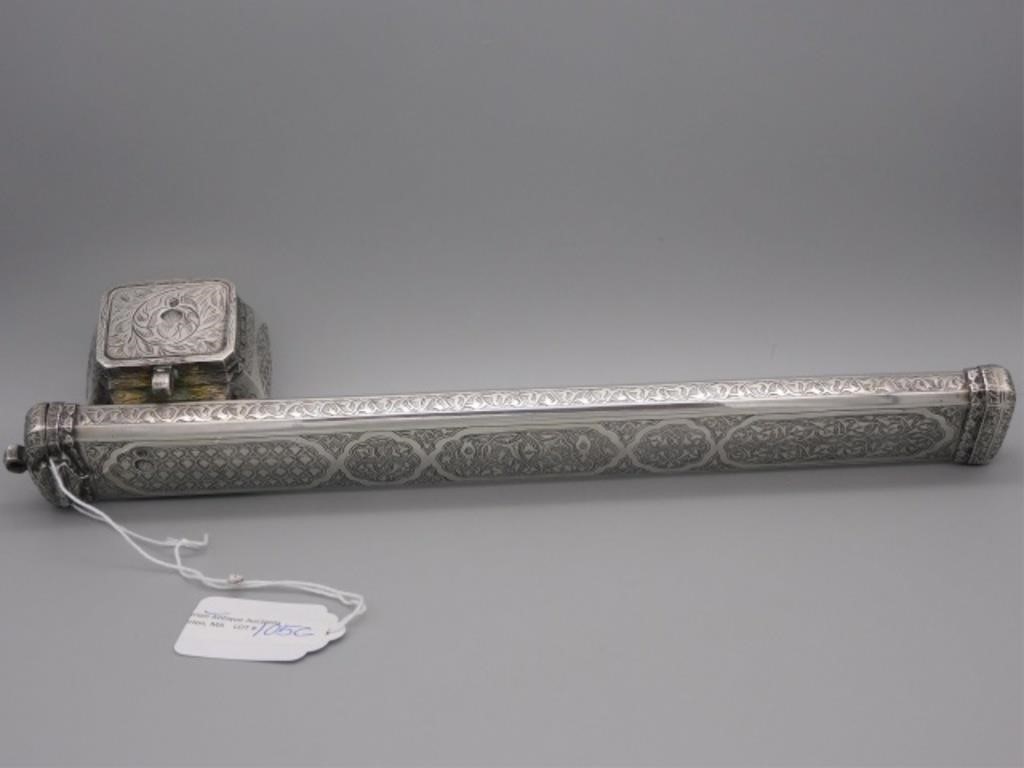 Appraisal: PERSIAN SILVER QALAMDAN DEVIT WRITING SET LATE th - early