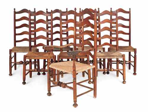 Appraisal: Rare set of eight Delaware Valley ladderback dining chairs ca