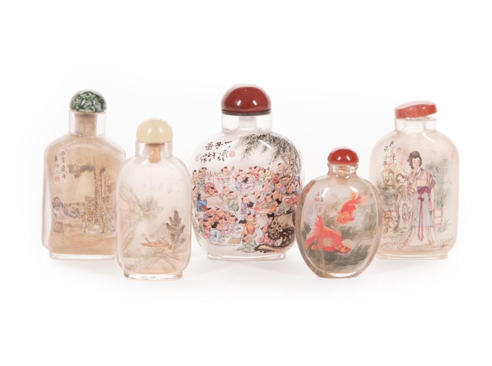 Appraisal: Five Chinese Inside Painted Snuff Bottles incl rutilated quartz h