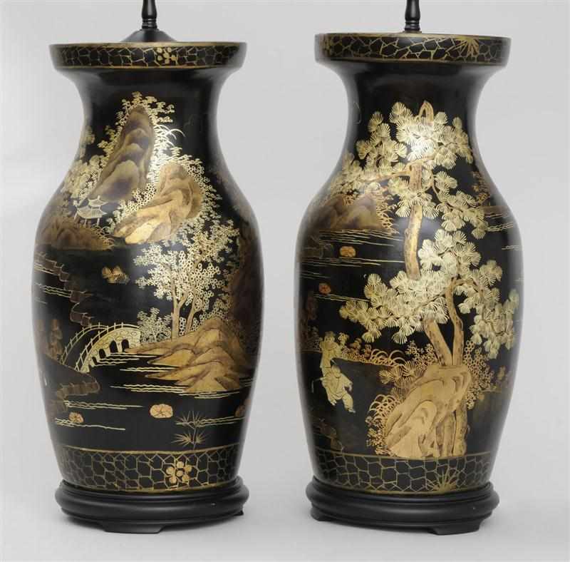 Appraisal: PAIR OF CHINESE EXPORT STYLE BLACK-GROUND BALUSTER-FORM TABLE LAMPS Each