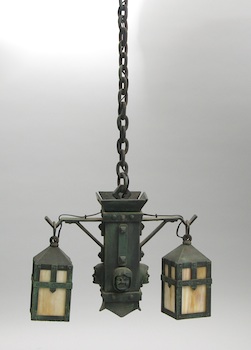 Appraisal: A Mission Style Hanging Lamp Two light hanging lamp with