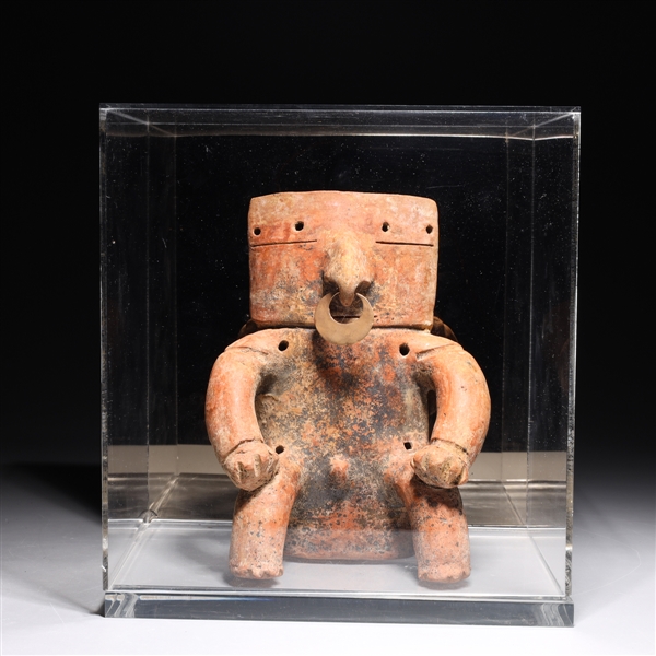 Appraisal: Pre-Columbian Quimbaya pottery slab figure w gold nose ring and