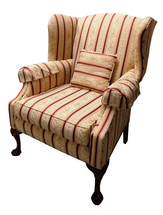 Appraisal: Chippendale style wing back chair by Laine Upholstery Co NC